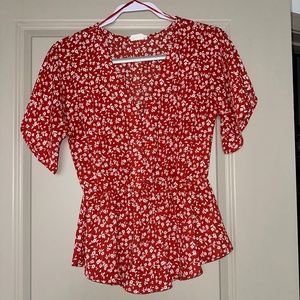 Red Orange Floral Peplum Blouse